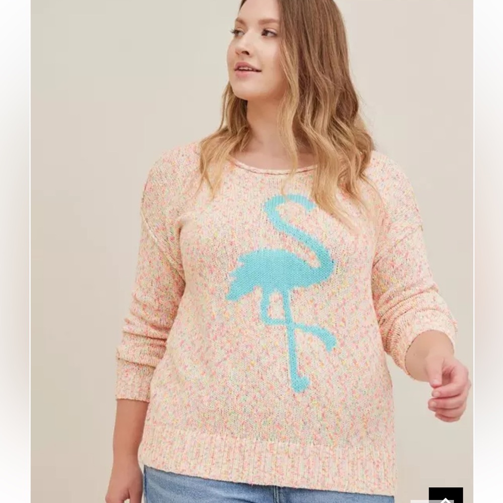 Torrid XL Sz 1 teal flamingo pastel cotton blend knit long sleeved sweater
